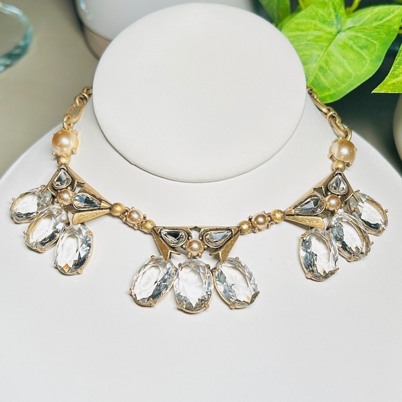 J. CREW Sparkling Large Faceted Clear Oval Glass Rhinestone, Faux Pearl Necklace